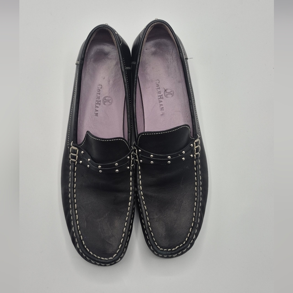 Cole Haan Black Leather Slip-On Loafers with Stud Accents